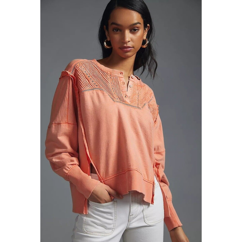 Anthropologie Pilcro Pintuck Sweatshirt Top Cotton Long Sleeve Orange M 284257